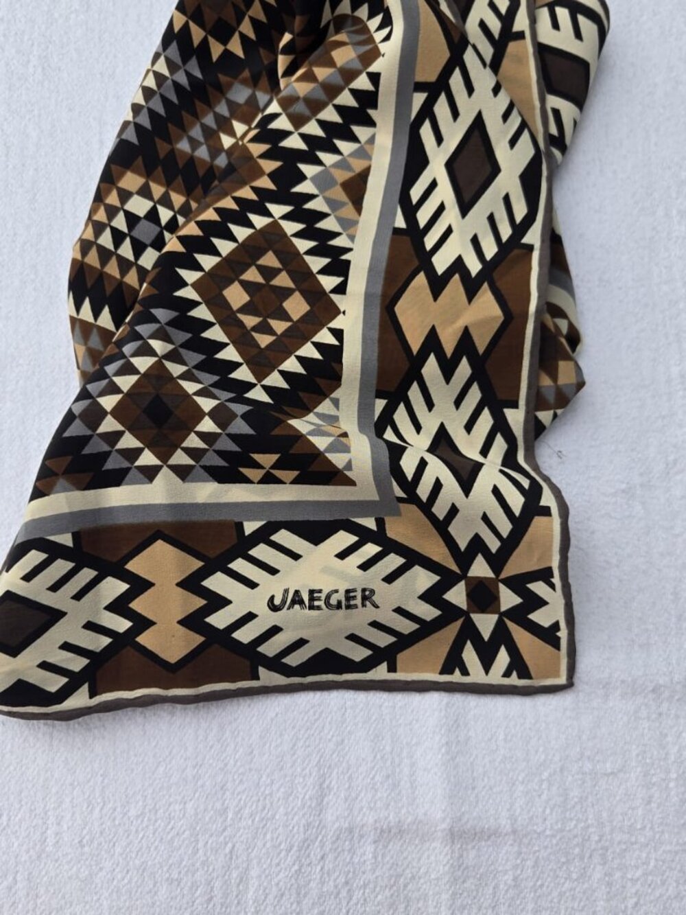 Vintage Jaeger Silk Scarf Geometric Brown Black Cream 23 x 26